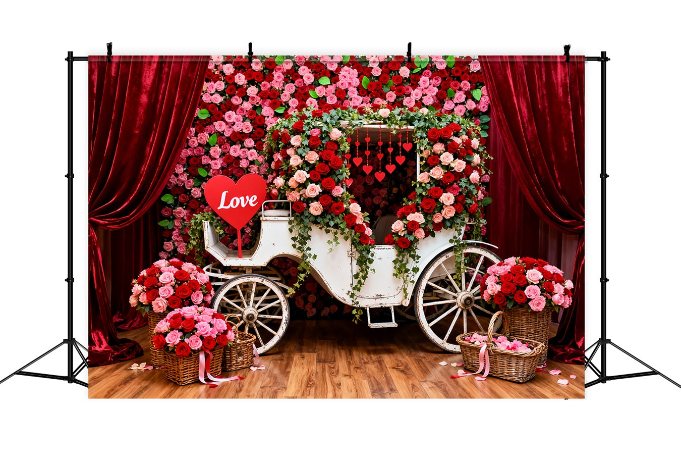 Red Roses Backdrop Romantic Floral Carriage Valentine's Day Backdrops LXX512-173