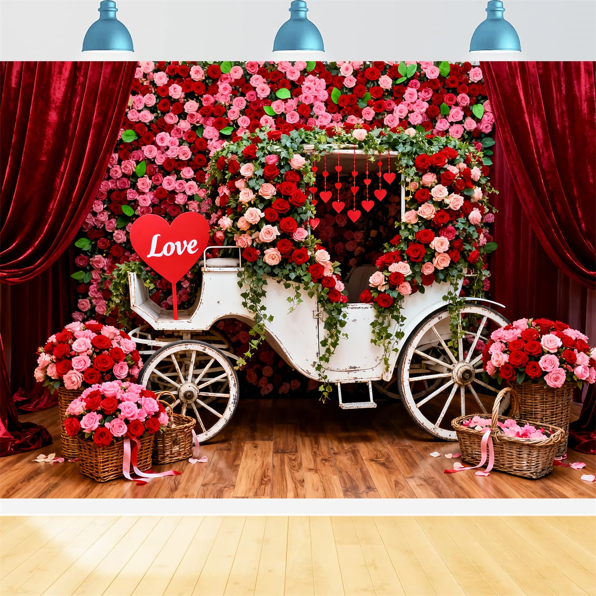 Red Roses Backdrop Romantic Floral Carriage Valentine's Day Backdrops LXX512-173