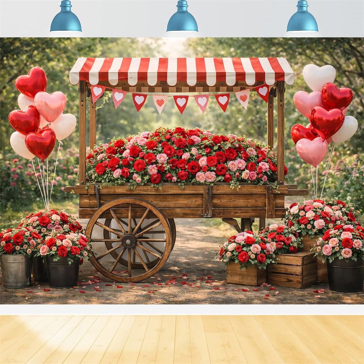 Heart Balloon Backdrop Rustic Rose Cart Hearts Valentine Backdrop Ideas LXX512-174
