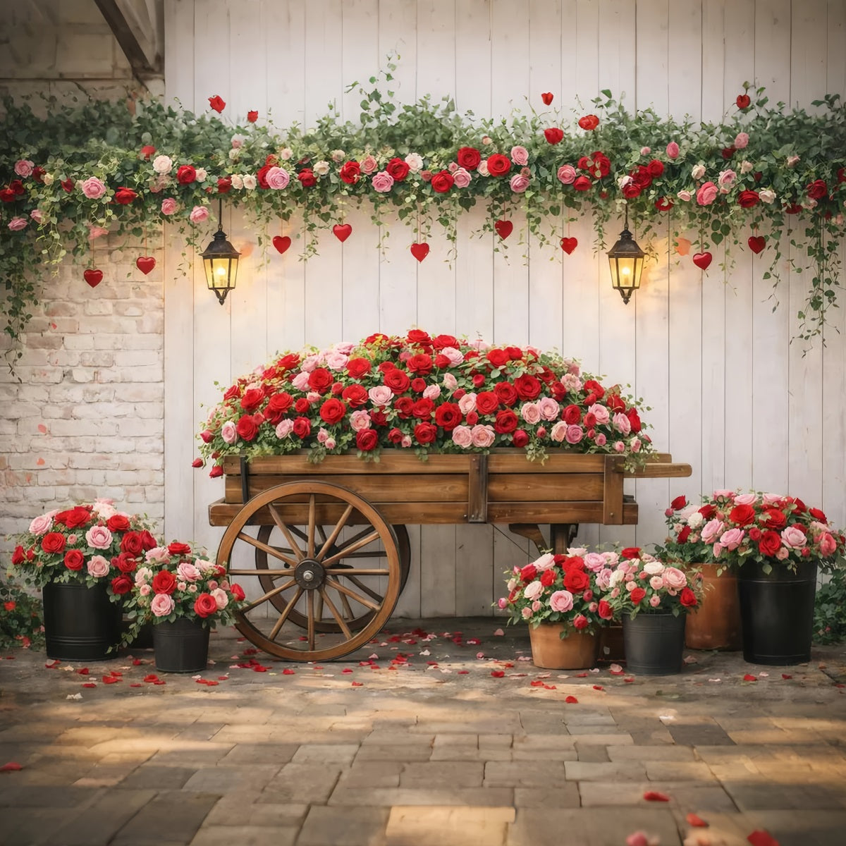 Red Roses Backdrop Garden Flower Wagon Romance Valentine's Day Backdrops LXX512-177