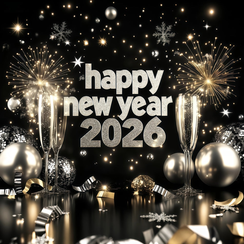 2026 New Year Backdrop Silver Champagne Firework Happy New Year Backdrop LXX512-19