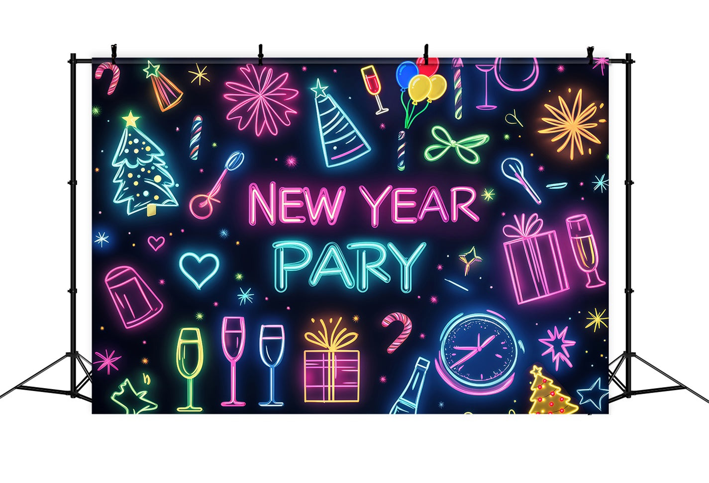 New Year Backdrop Colorful Party Icons Celebration Neon Light Backdrop LXX512-2