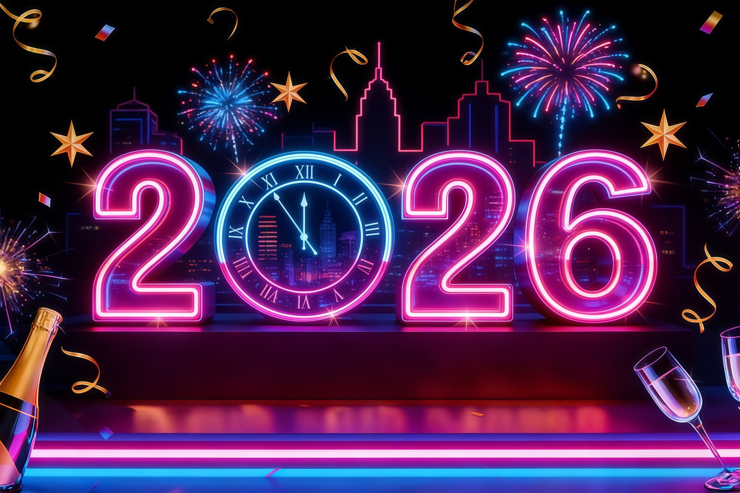 2026 New Year Backdrop Neon Lights Countdown City New Years Eve Backdrop LXX512-21