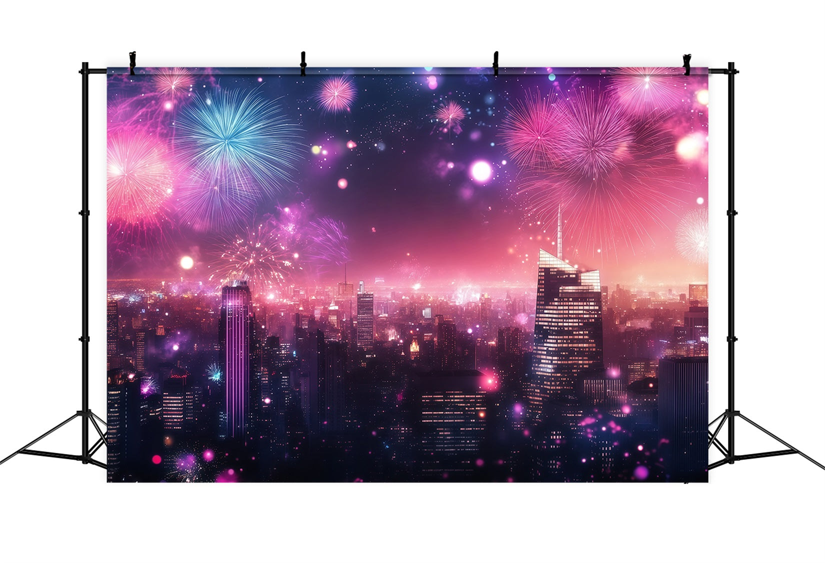 New Years Backdrops Pink Fireworks City Glow Cityscape Photo Backdrop LXX512-25