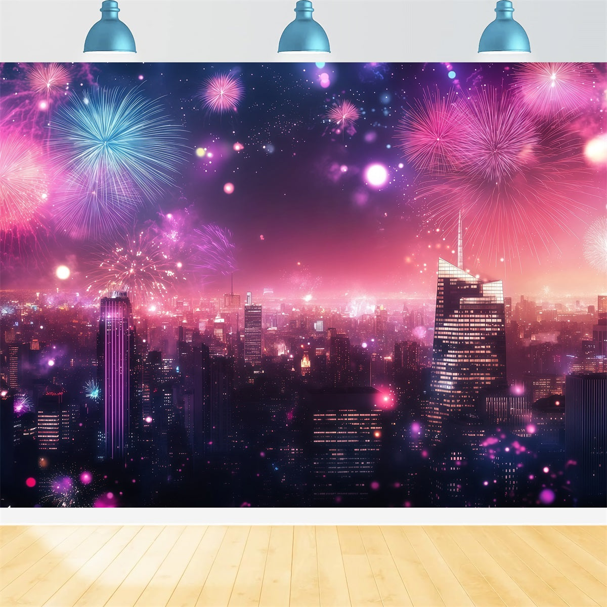 New Years Backdrops Pink Fireworks City Glow Cityscape Photo Backdrop LXX512-25