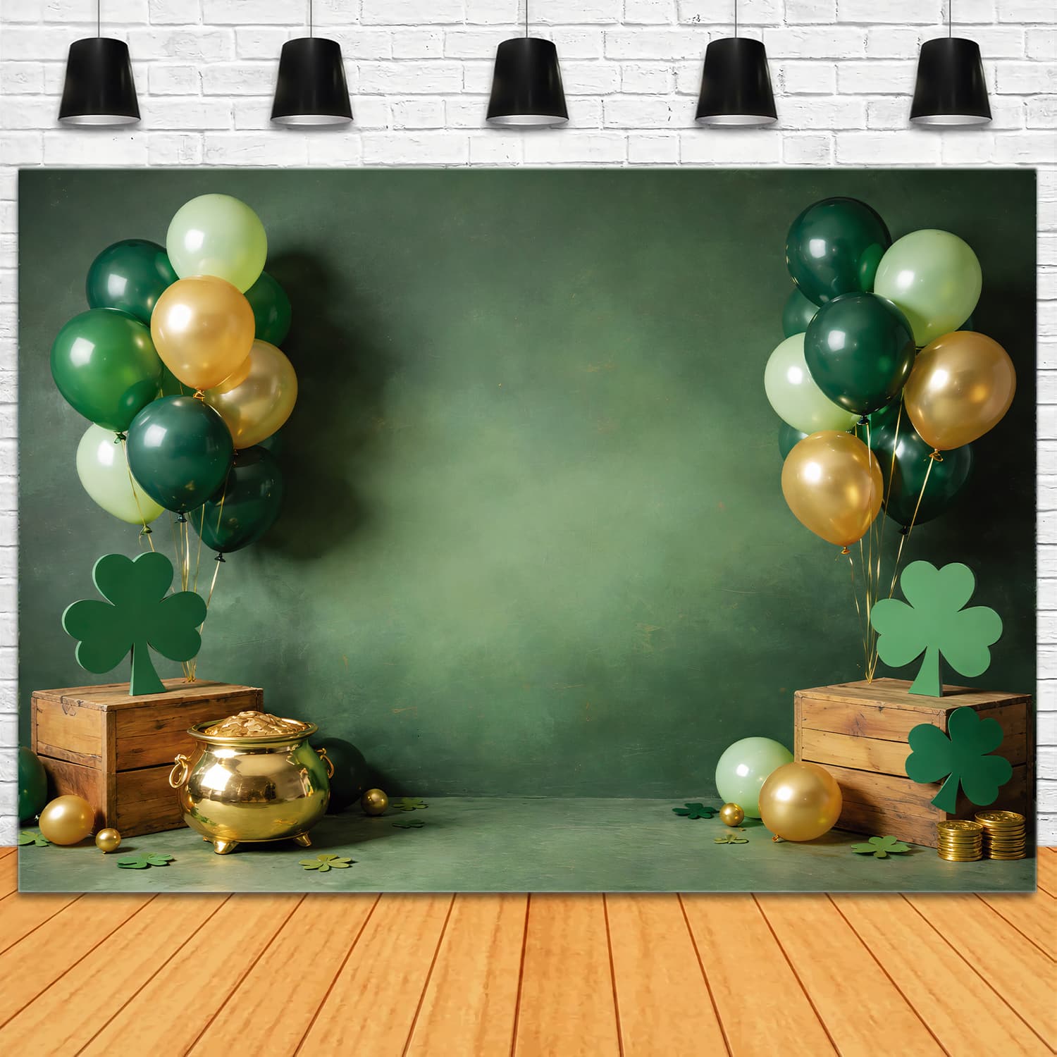 St Patrick's Day Backdrop Shamrock Balloons Gold Cauldron St Patrick Backdrop LXX512-26