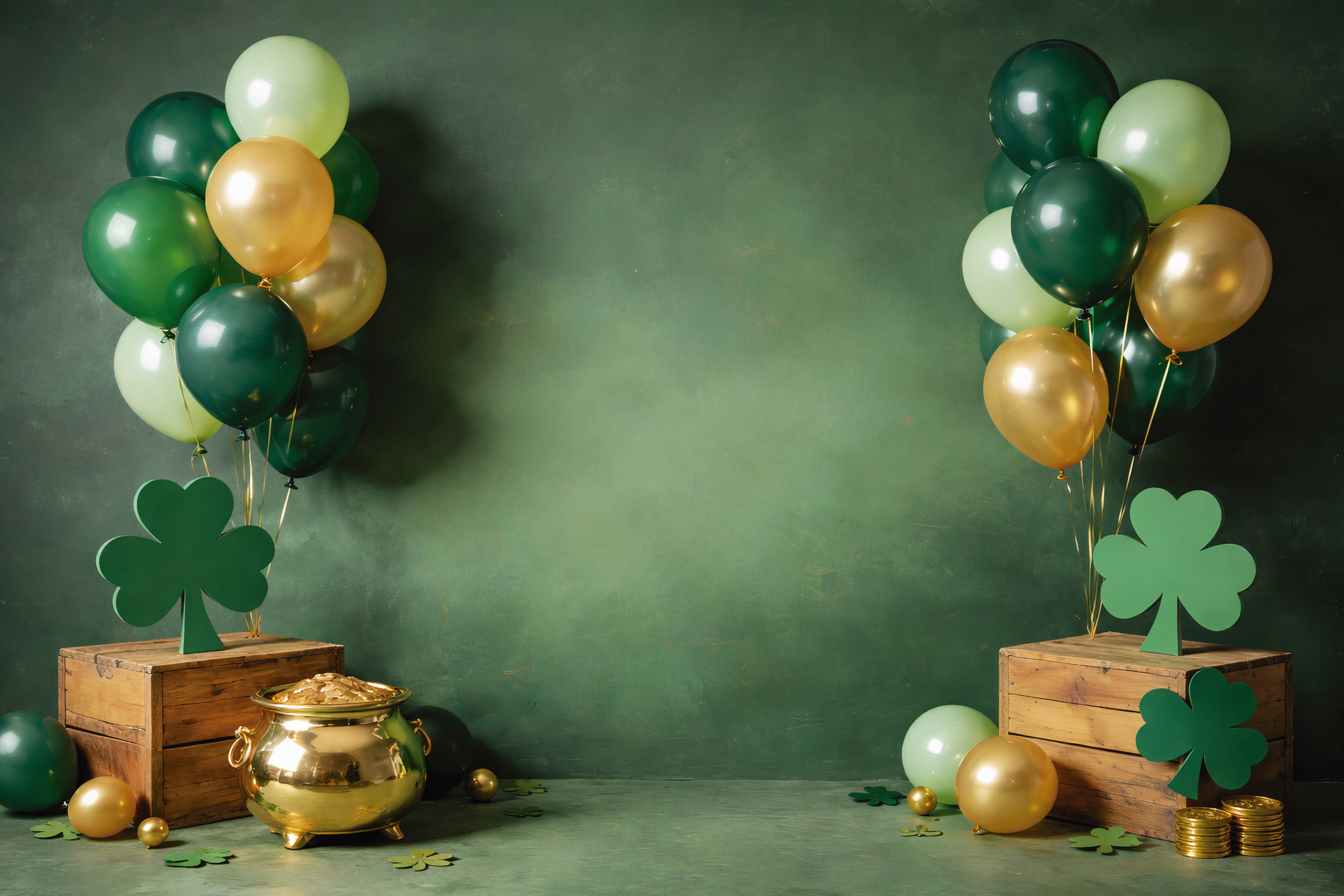 St Patrick's Day Backdrop Shamrock Balloons Gold Cauldron St Patrick Backdrop LXX512-26