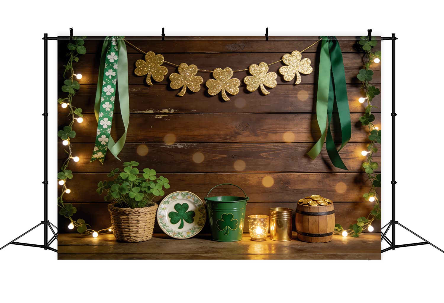 St Patricks Day Photo Backdrop Golden Clover Wood Barrel St Patrick Backdrop LXX512-32