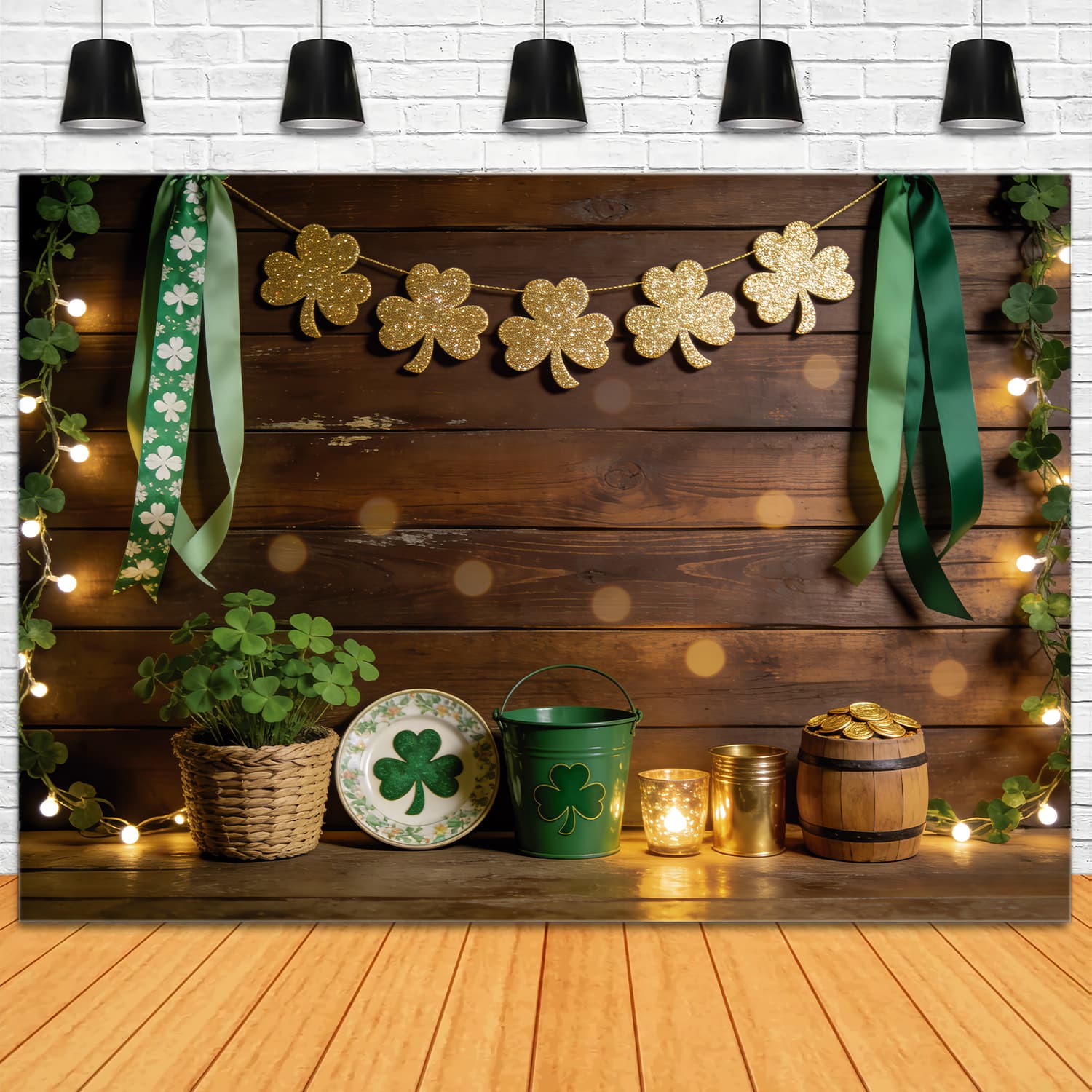 St Patricks Day Photo Backdrop Golden Clover Wood Barrel St Patrick Backdrop LXX512-32