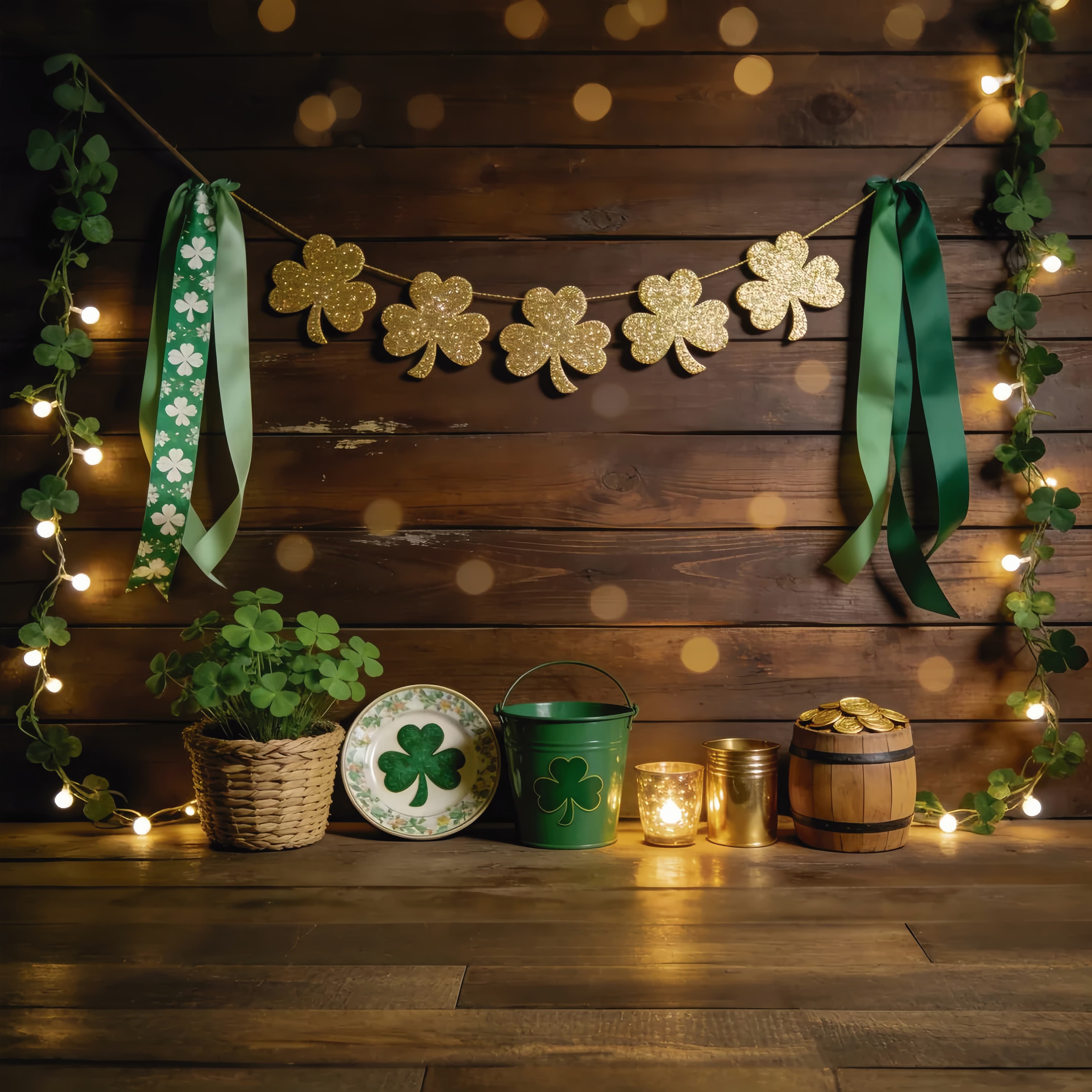 St Patricks Day Photo Backdrop Golden Clover Wood Barrel St Patrick Backdrop LXX512-32