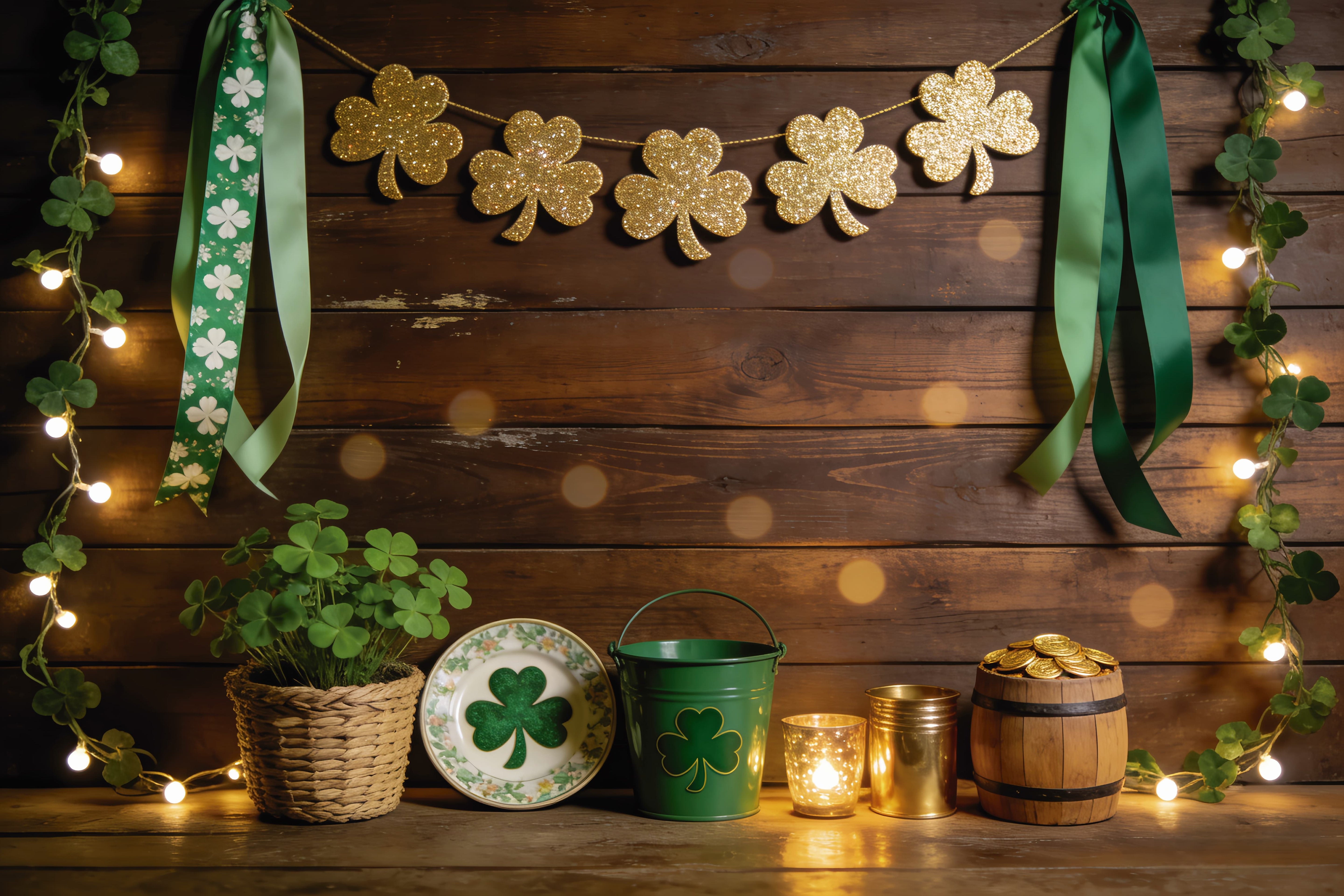 St Patricks Day Photo Backdrop Golden Clover Wood Barrel St Patrick Backdrop LXX512-32