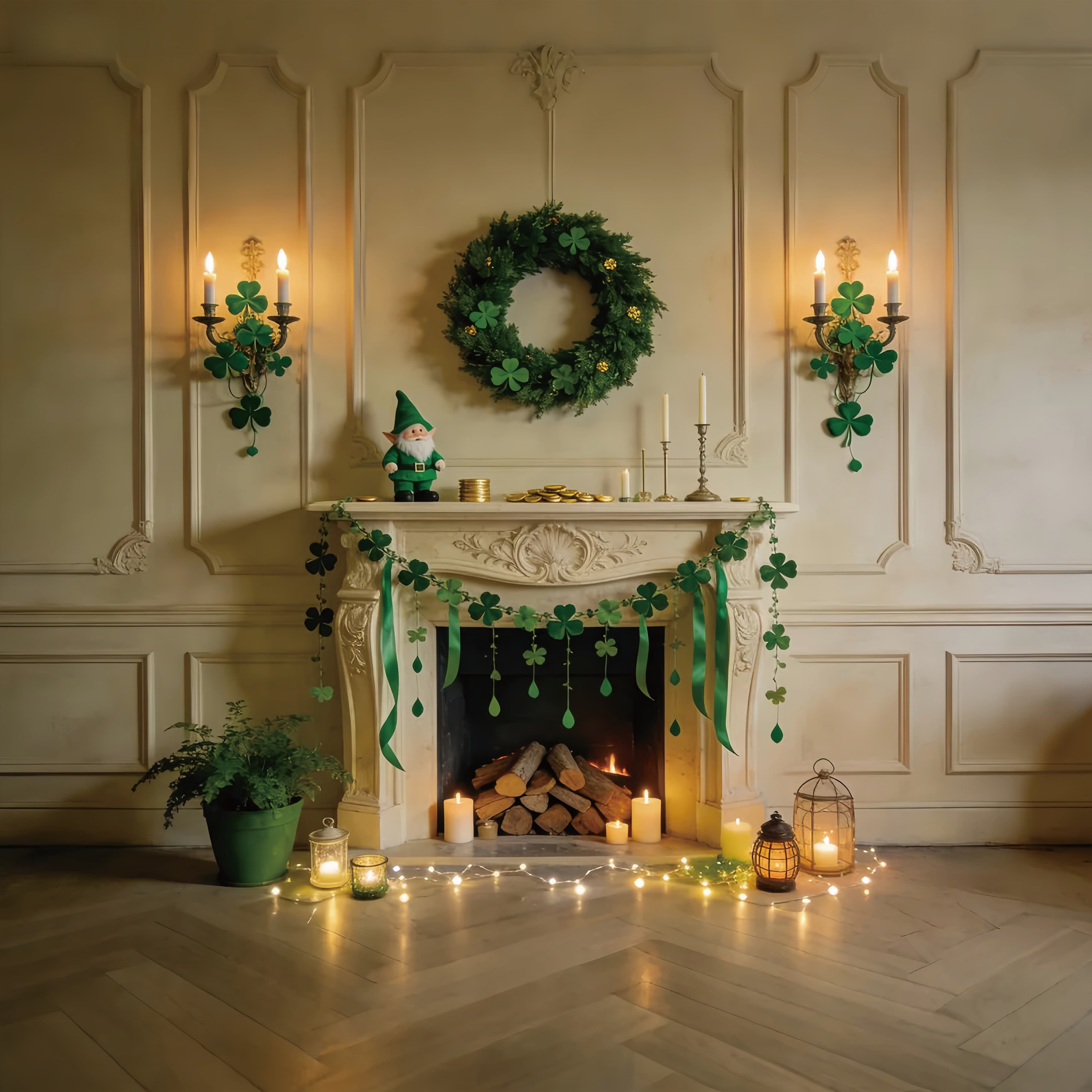St Patrick Backdrop Emerald Fireplace Shamrock Garland St Patricks Day Backdrop LXX512-38