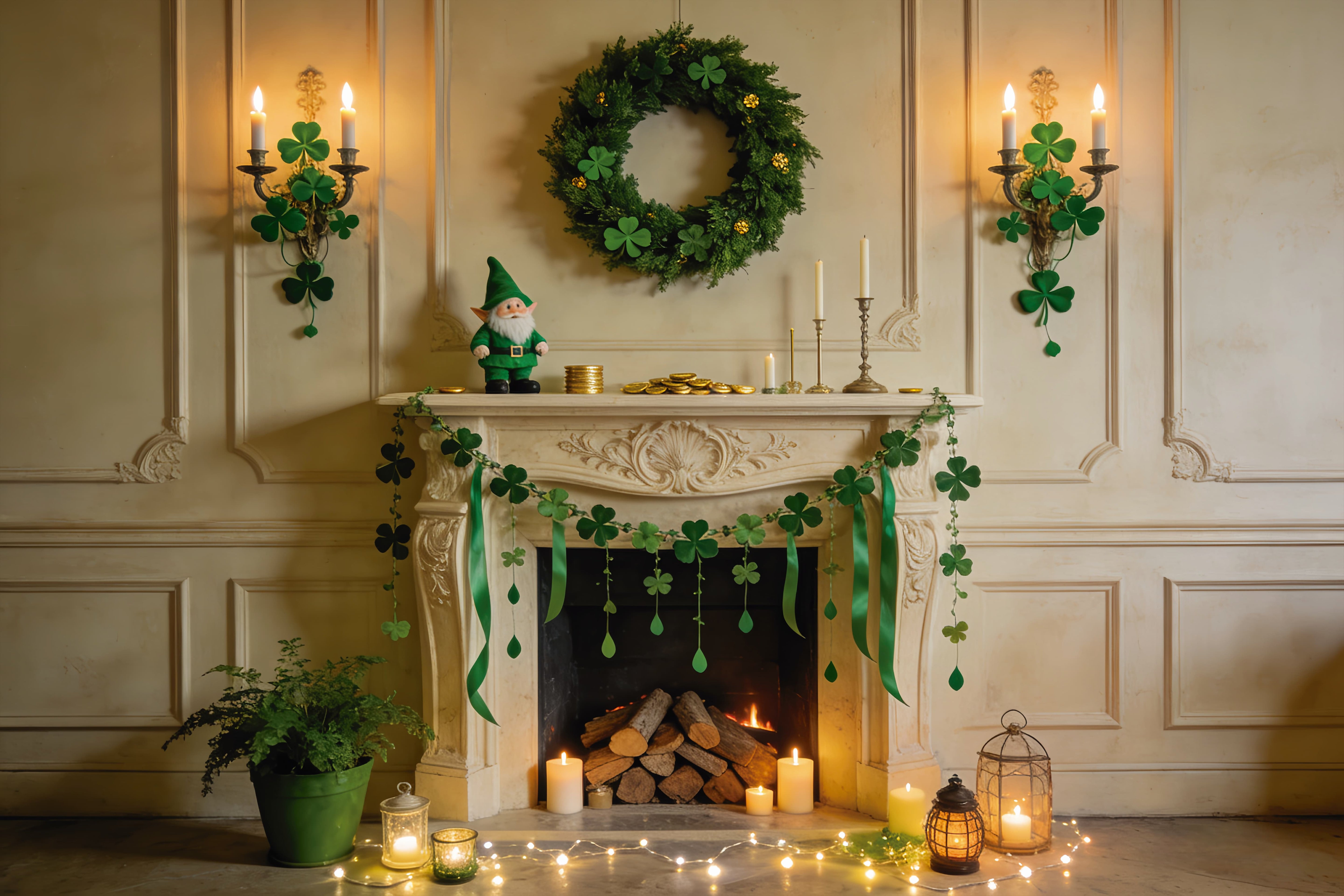 St Patrick Backdrop Emerald Fireplace Shamrock Garland St Patricks Day Backdrop LXX512-38