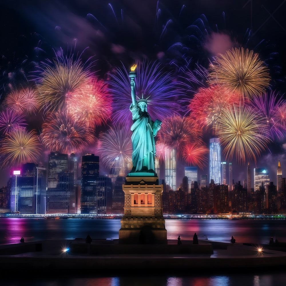 Happy New Year Backdrop Statue Liberty Night Cityscape Fireworks Backdrop LXX512-4
