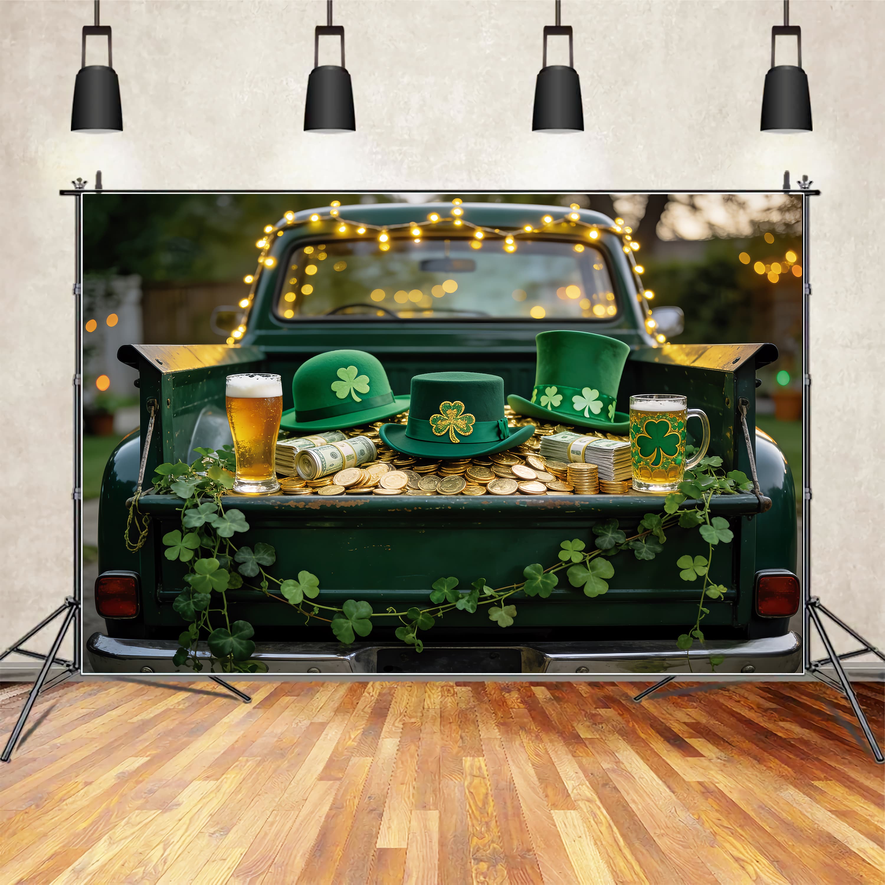 Irish Photo Backdrops Scattered Gold Coins Truck St Patrick's Day Backdrop LXX512-45