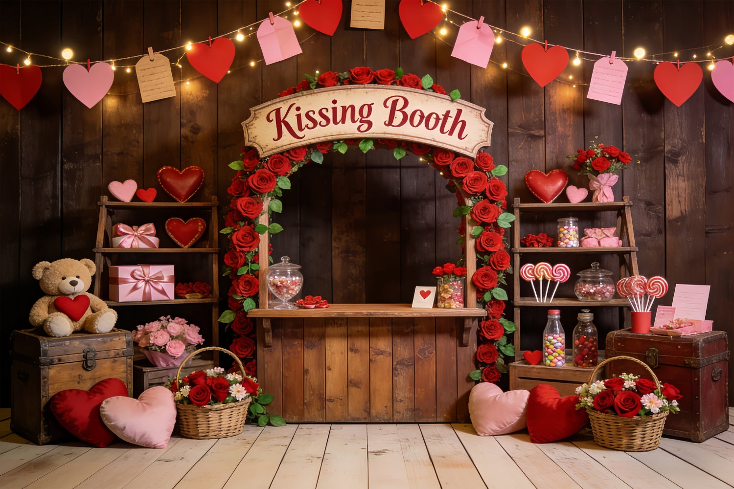 Heart Garland Backdrop Romantic Kissing Booth Roses Love Backdrops LXX512-47