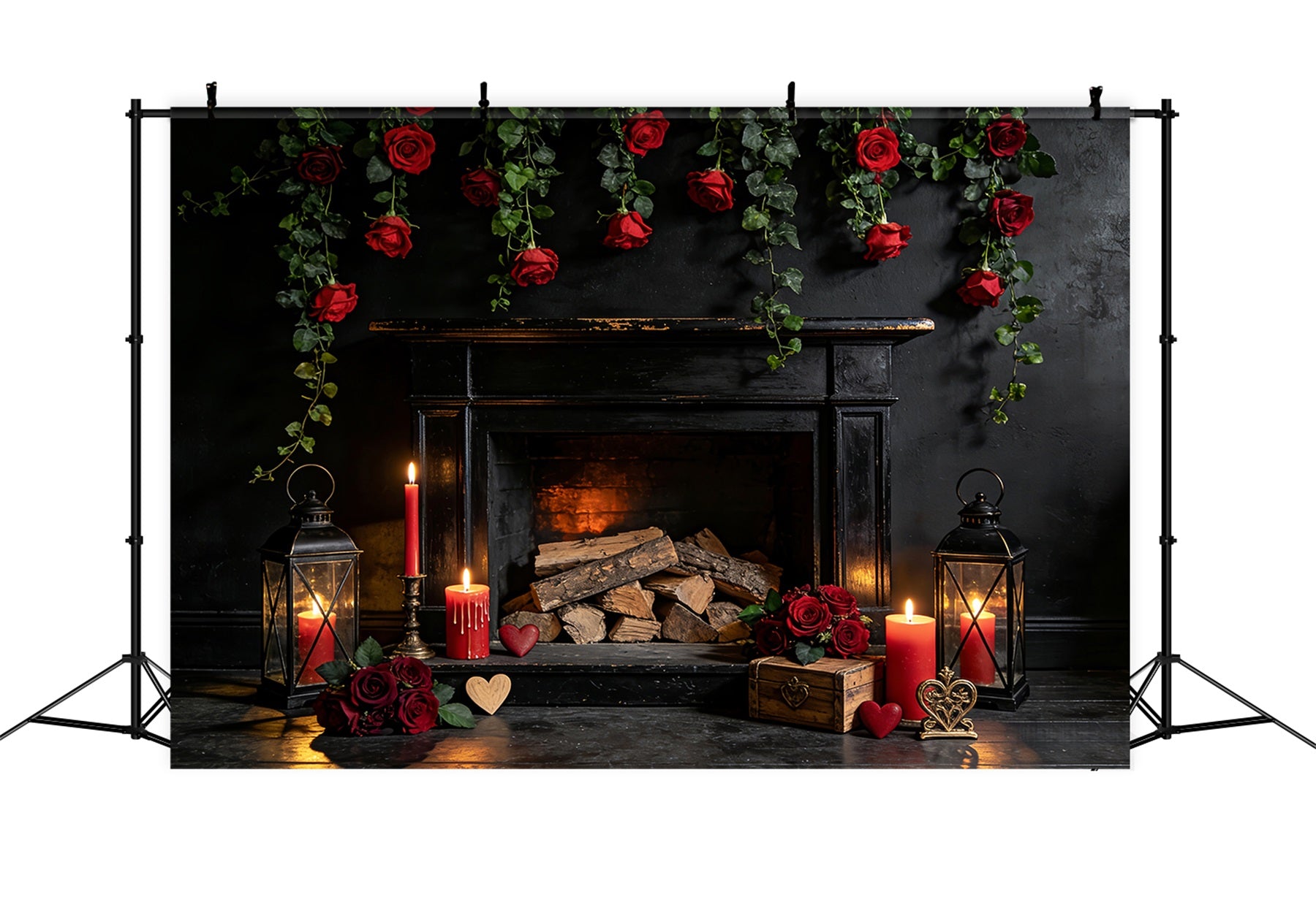 Valentine's Day Backdrop Red Roses Candle Room Fireplace Valentine Backdrop LXX512-48