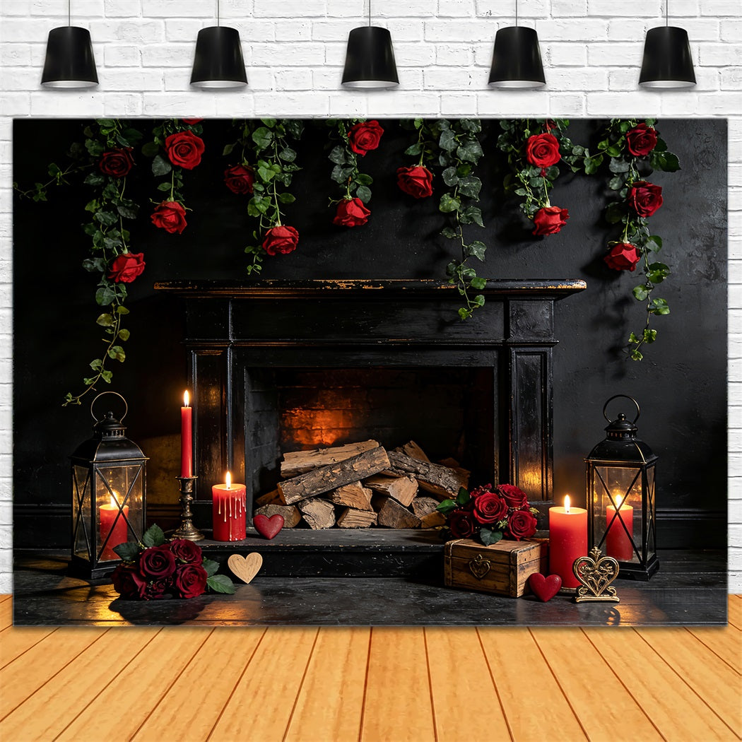 Valentine's Day Backdrop Red Roses Candle Room Fireplace Valentine Backdrop LXX512-48