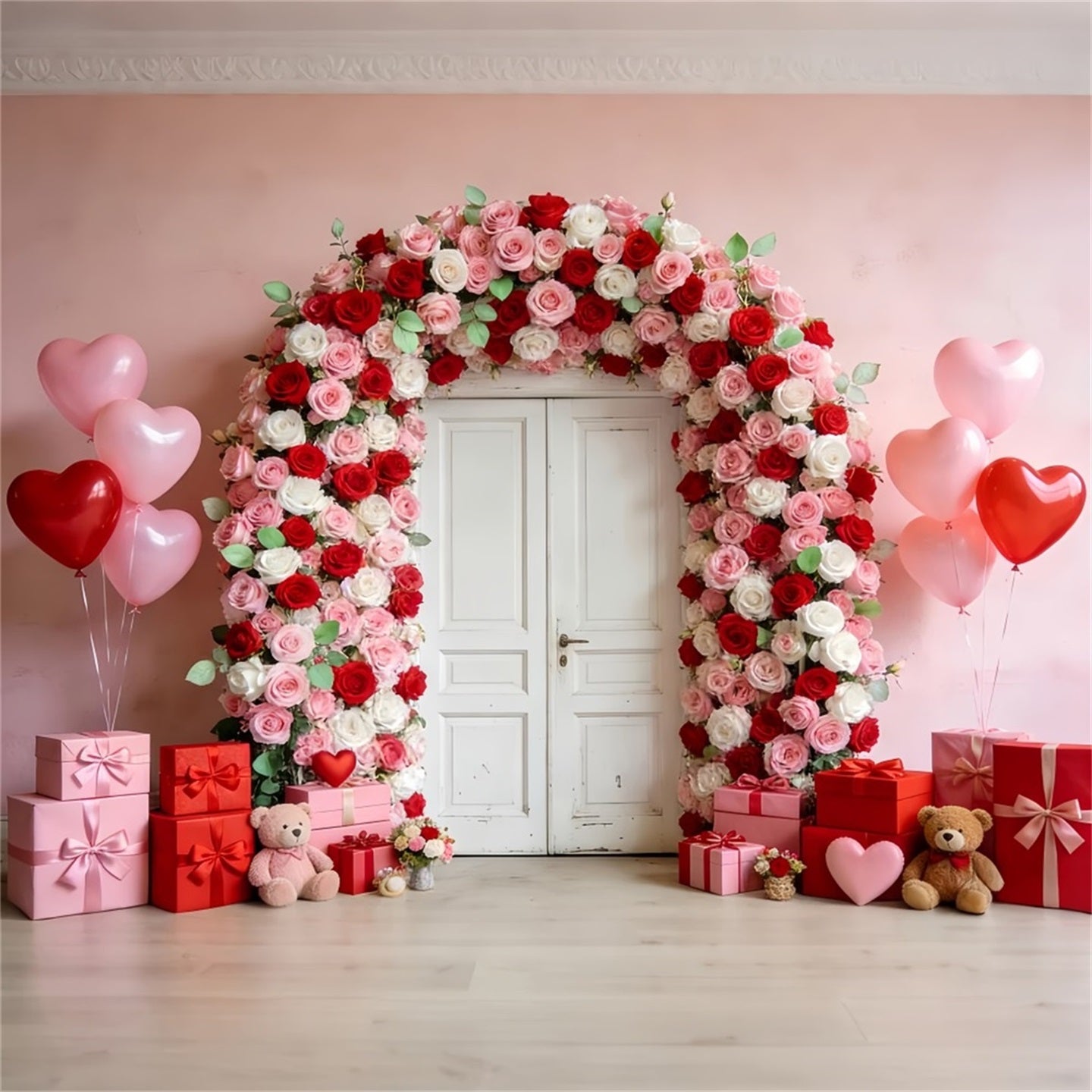 Floral Arch Valentine Backdrop Rose Door Wreath Gifts Heart Balloon Backdrop LXX512-53