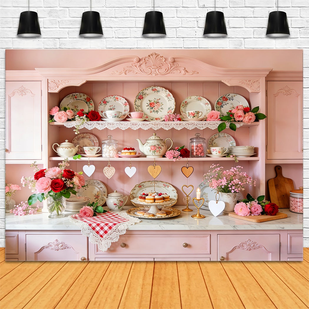 Pink Valentine Backdrop Vintage Kitchen Tea Cabinet Romantic Backdrop LXX512-55