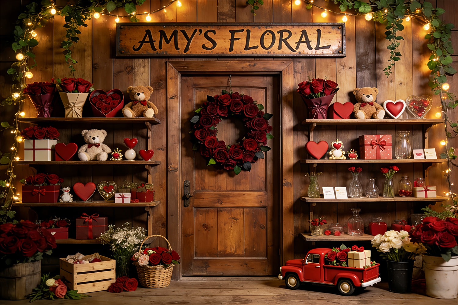 Teddy Bears Valentine Backdrop Rustic Floral Shop Romantic Backdrop LXX512-57