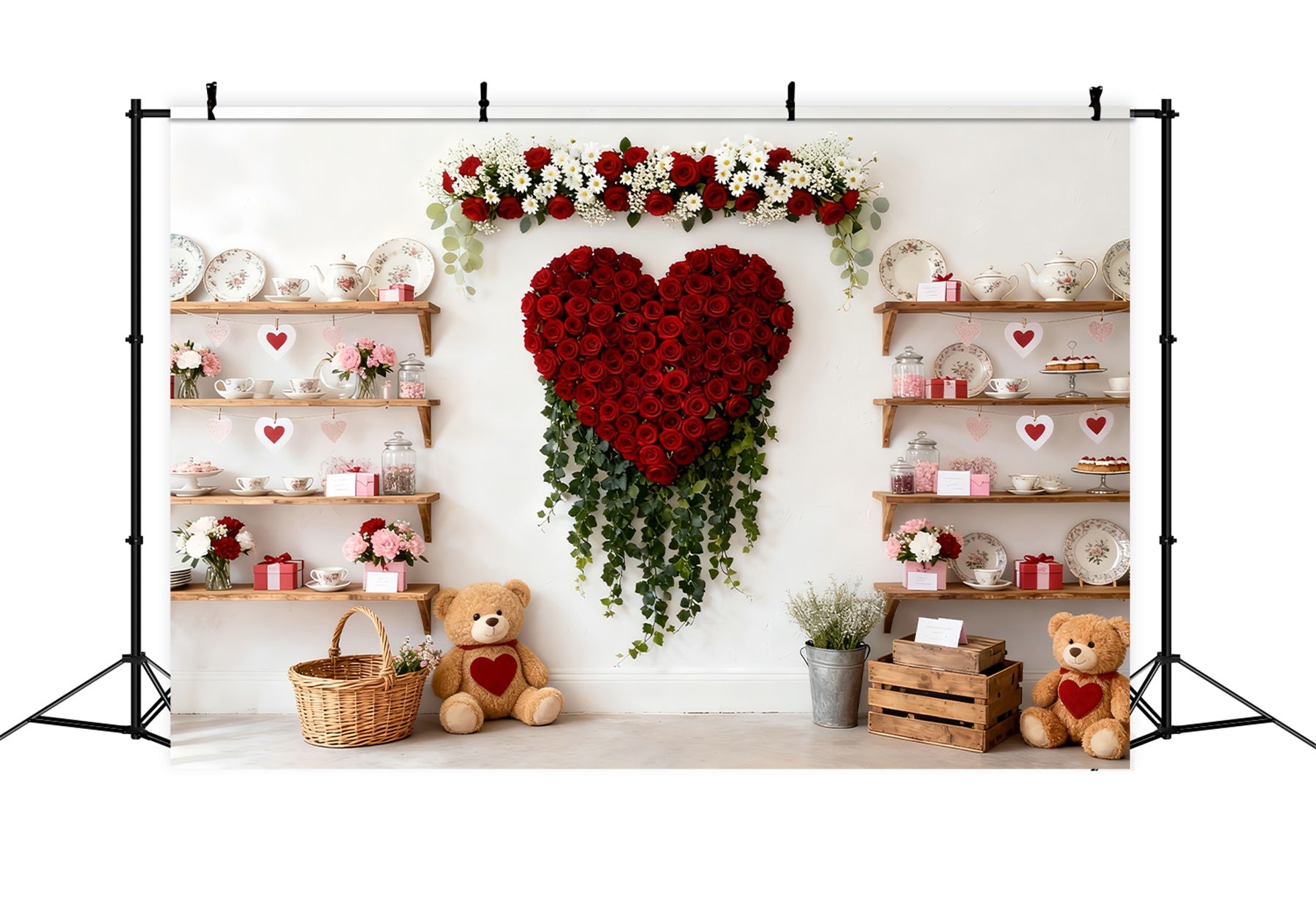 Valentine Backdrop Teddy Bears Tea Cabinet Red Rose Heart Backdrop LXX512-58