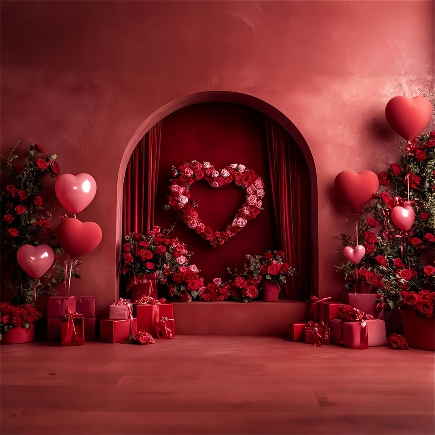 Red Roses Backdrop Love Heart Arch Alcove Heart Balloon Backdrop LXX512-59