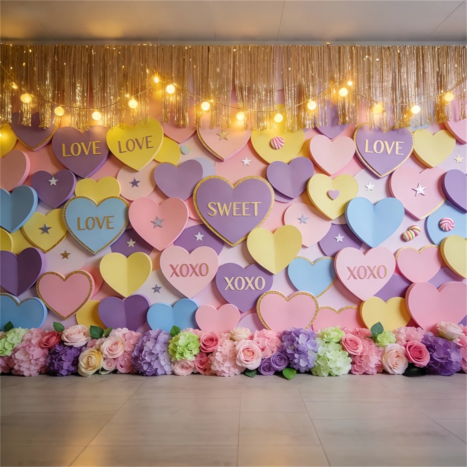 Romantic Backdrop Pastel Candy Hearts Wall Valentine Photo Backdrop LXX512-60