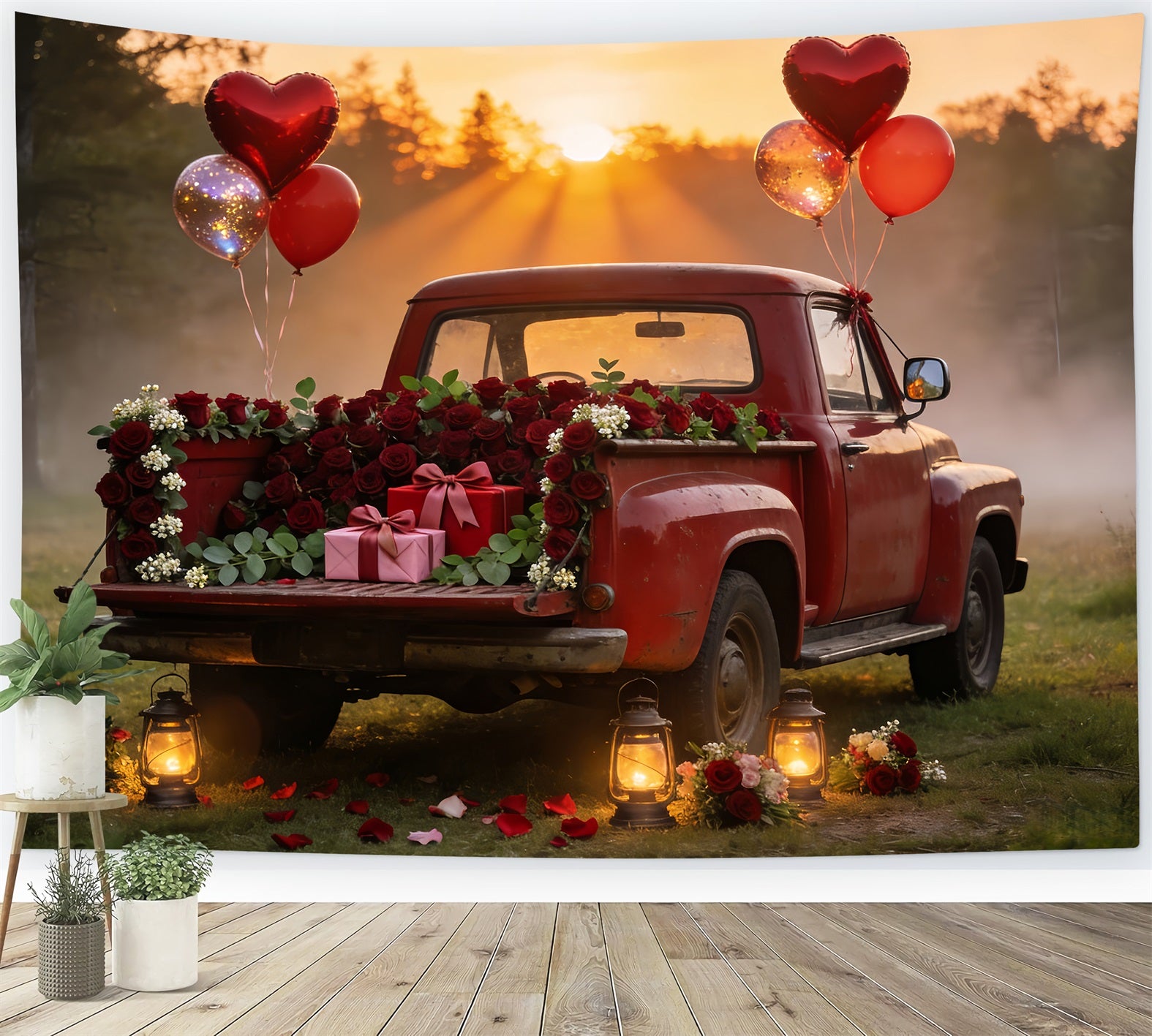 Valentine Photo Backdrop Vintage Red Truck Romance Heart Balloon Backdrop LXX512-61