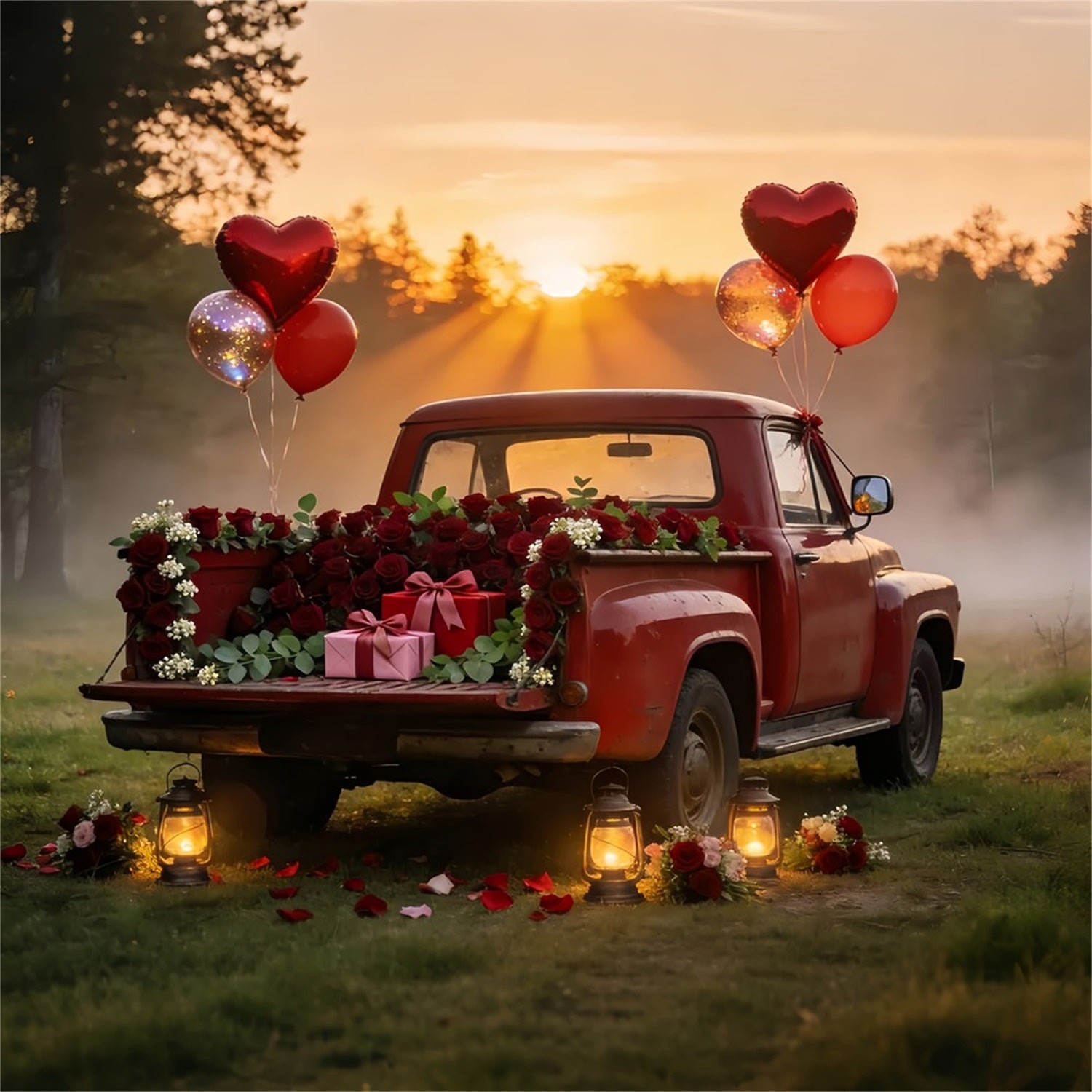 Valentine Photo Backdrop Vintage Red Truck Romance Heart Balloon Backdrop LXX512-61