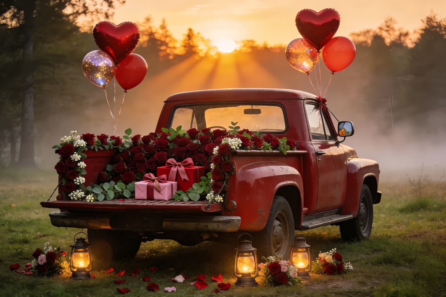 Valentine Photo Backdrop Vintage Red Truck Romance Heart Balloon Backdrop LXX512-61