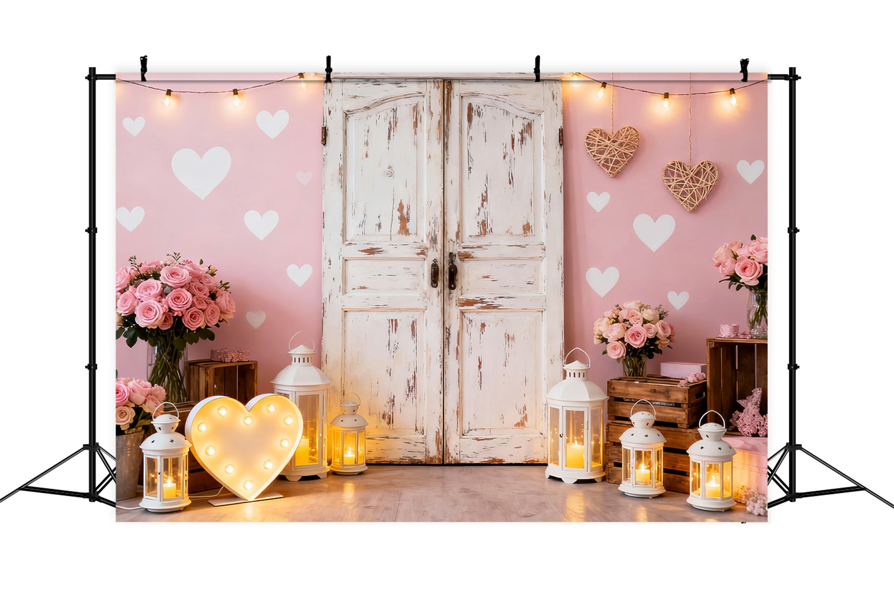 Pink Valentine Backdrop Rustic Door Roses Lantern Heart Backdrop LXX512-64
