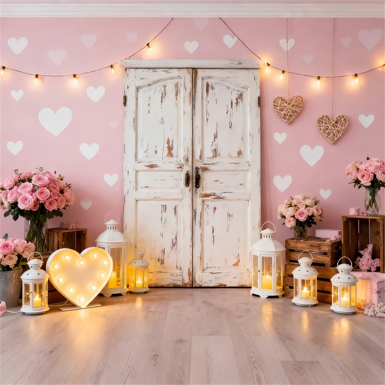 Pink Valentine Backdrop Rustic Door Roses Lantern Heart Backdrop LXX512-64