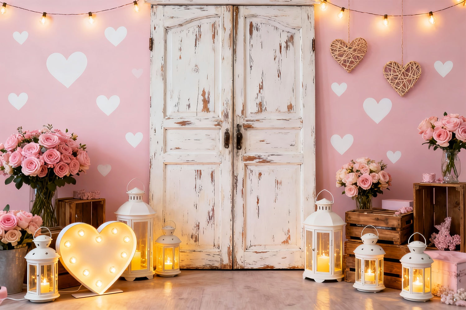 Pink Valentine Backdrop Rustic Door Roses Lantern Heart Backdrop LXX512-64