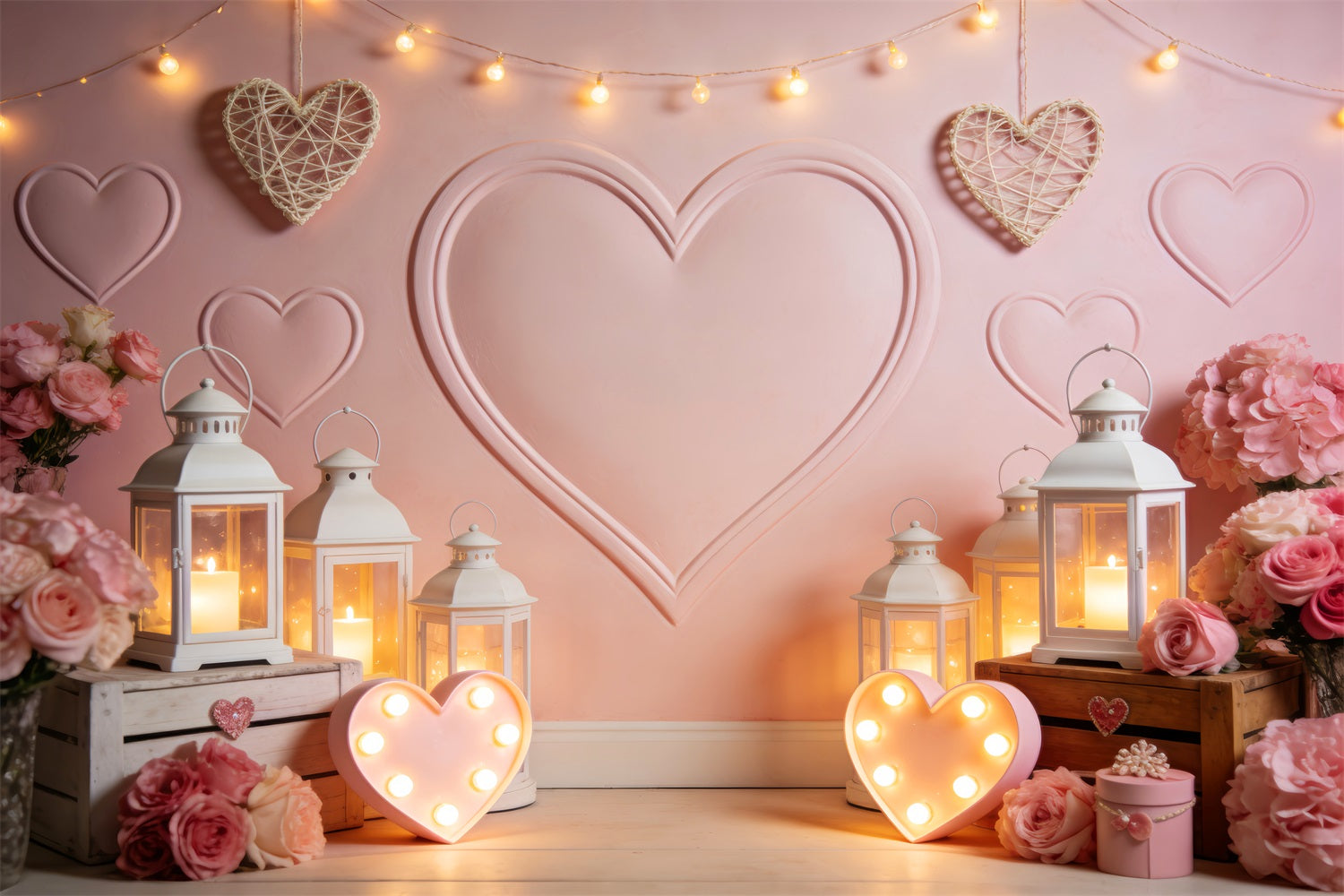 Heart Backdrop Lantern Glow Candlelight Room Pink Valentine Backdrop LXX512-65