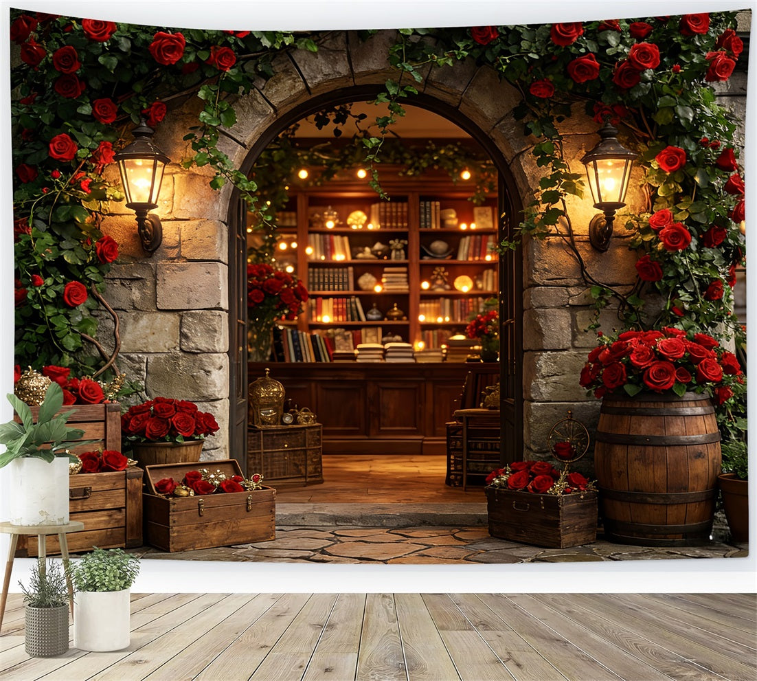 Floral Arch Valentine Backdrop Vintage Rose Library Entrance Love Backdrops LXX512-66