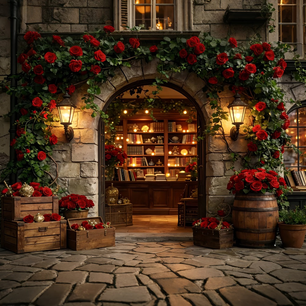 Floral Arch Valentine Backdrop Vintage Rose Library Entrance Love Backdrops LXX512-66