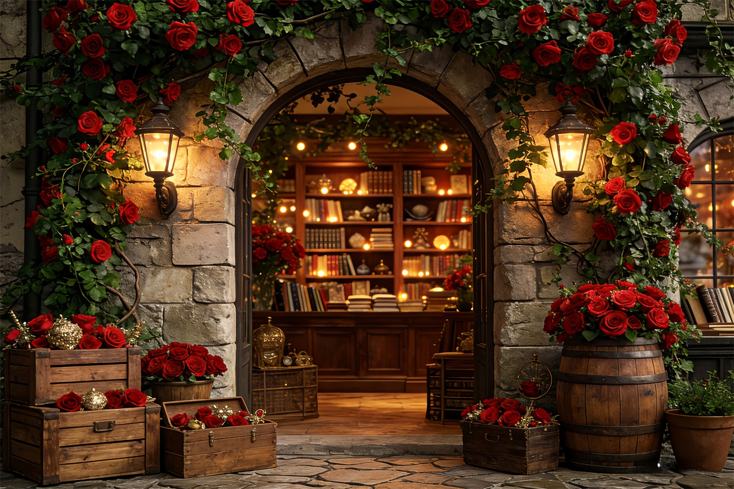 Floral Arch Valentine Backdrop Vintage Rose Library Entrance Love Backdrops LXX512-66