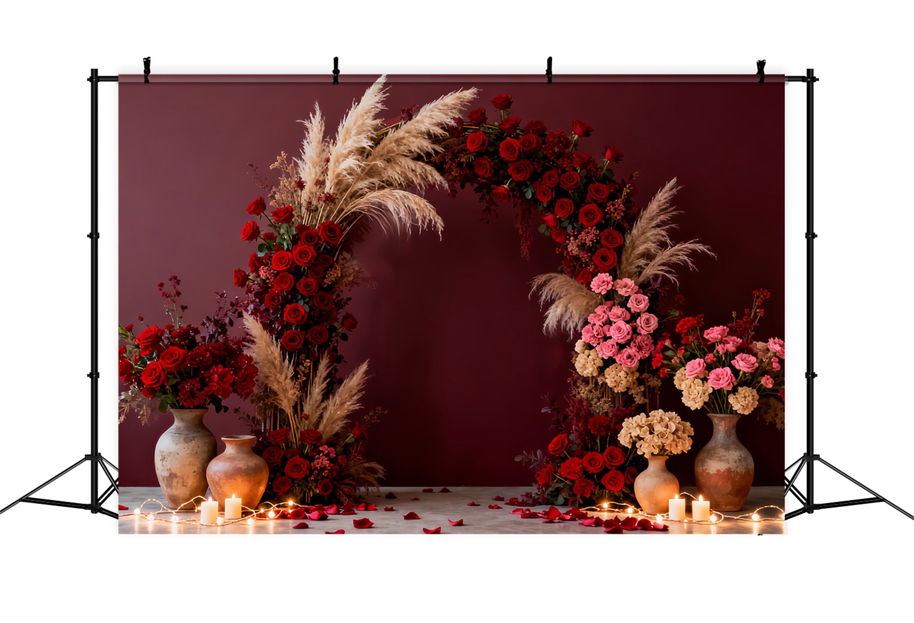 Boho Floral Valentine Backdrop Romantic Candlelight Room Red Rose Backdrop LXX512-69