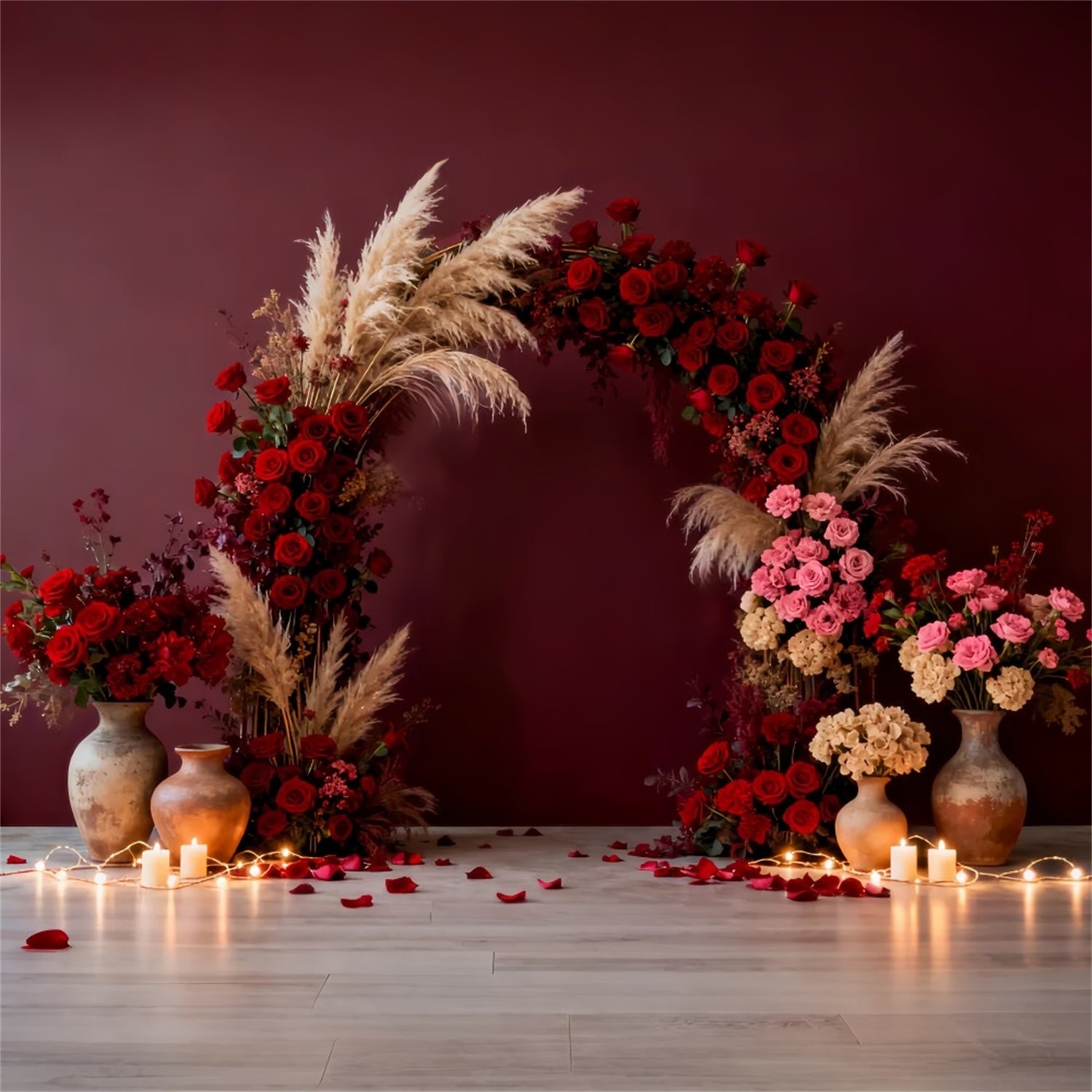 Boho Floral Valentine Backdrop Romantic Candlelight Room Red Rose Backdrop LXX512-69