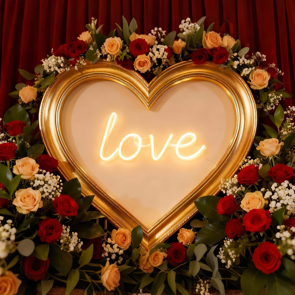 Red Roses Backdrop Neon Love Signs Floral Heart Backdrop LXX512-70