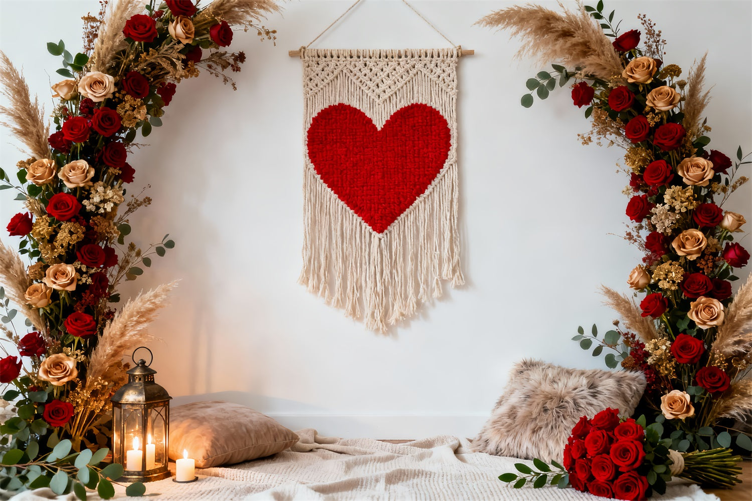 Boho Floral Valentine Backdrop Macrame Heart Rose Arch Love Backdrops LXX512-71