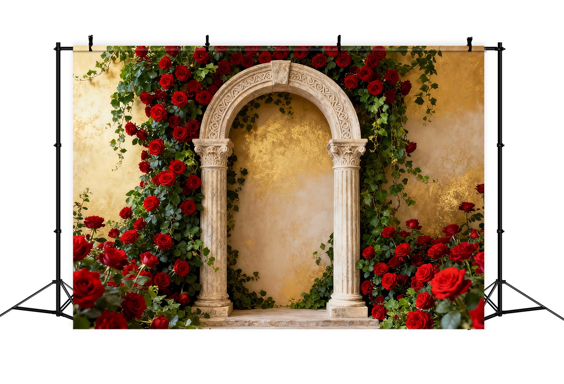 90s Valentine Backdrop Classic Garden Stone Arch Red Rose Backdrop LXX512-74