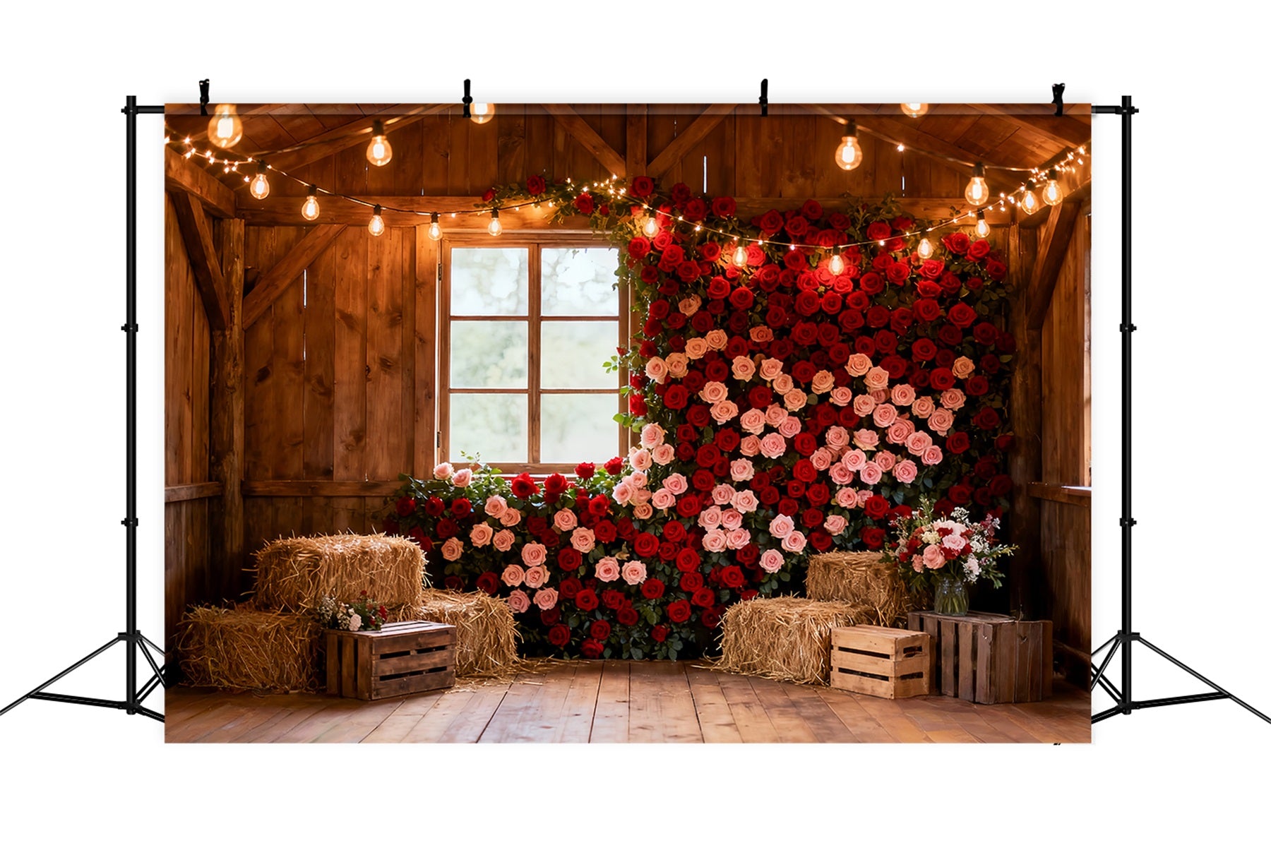 Red Rose Wall Backdrop Rustic Farmhouse Barn Valentines Day Backdrop LXX512-75