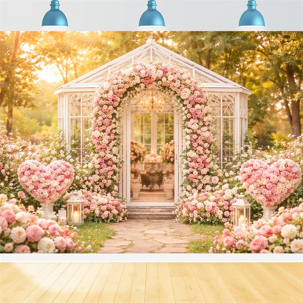 Floral Arch Valentine's Day Backdrop Garden Pavilion Pink Roses Love Backdrops LXX512-77