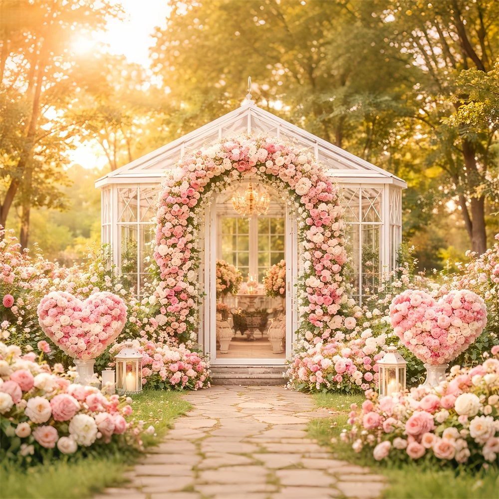Floral Arch Valentine's Day Backdrop Garden Pavilion Pink Roses Love Backdrops LXX512-77