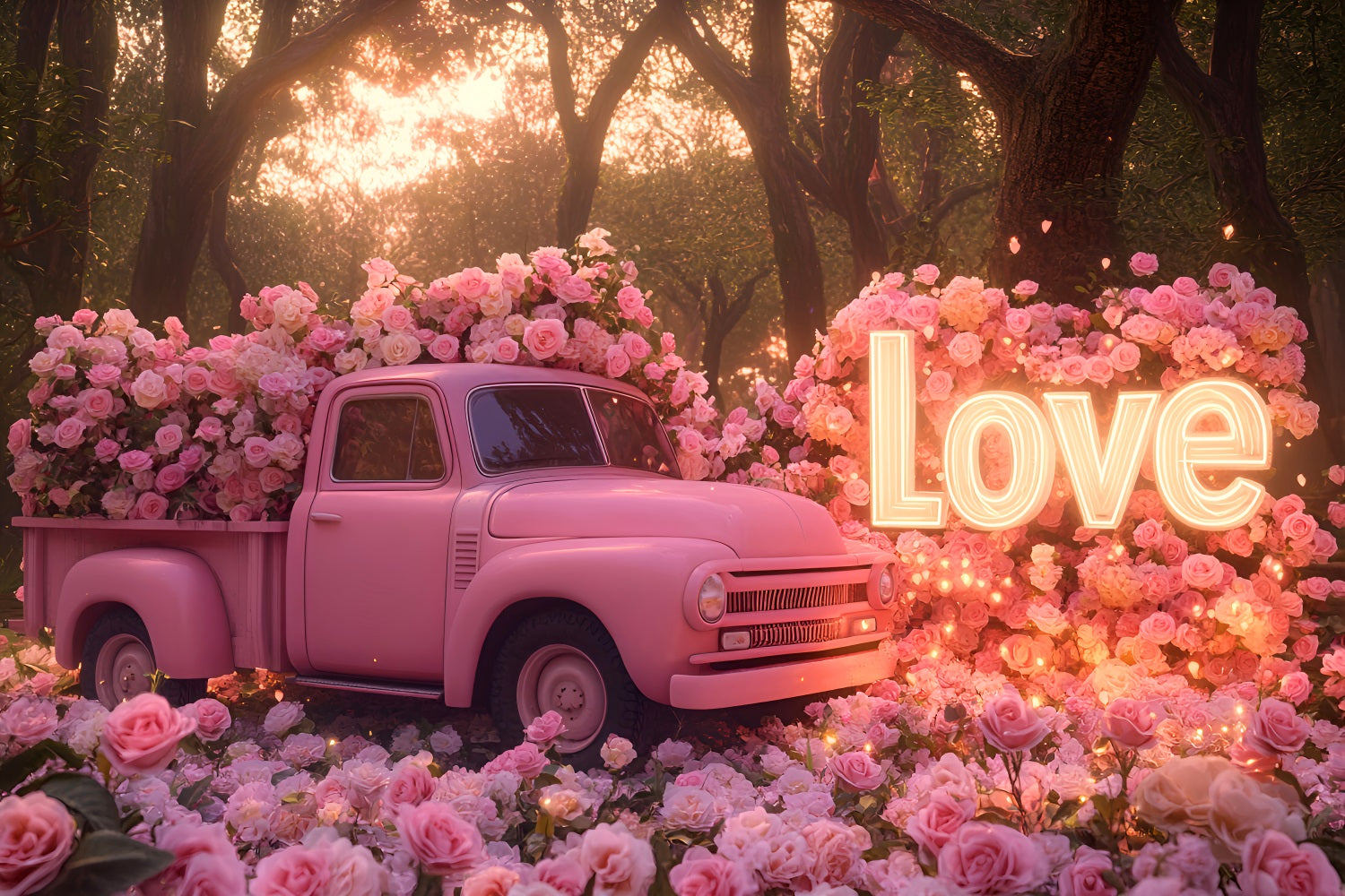 Pink Valentine Backdrop Rose Vintage Love Truck Romantic Backdrop LXX512-79