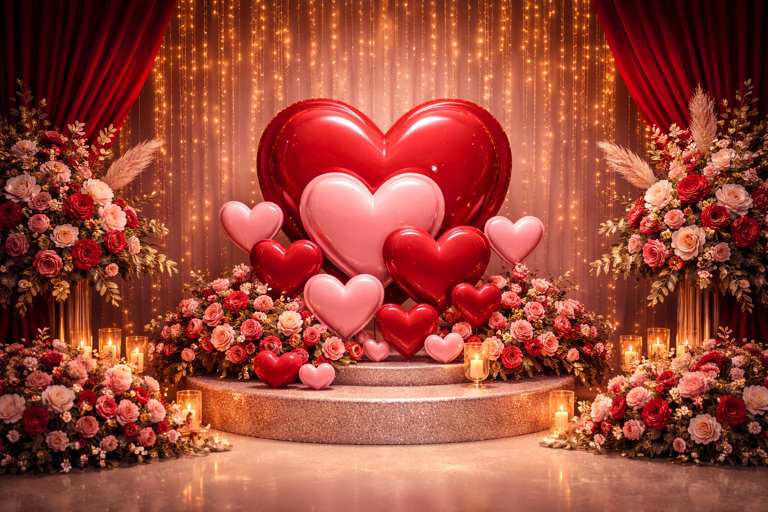 Hearts Backdrop Golden Curtain Balloon Stage Boho Floral Valentine Backdrop LXX512-82