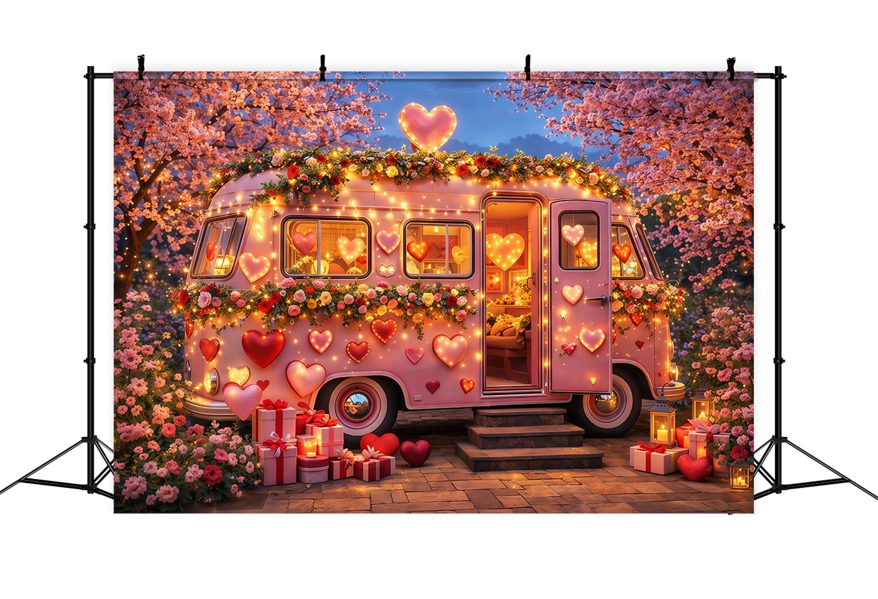 Pink Heart Backdrop Camper Blossom Neon Lights Romantic Backdrops LXX512-83