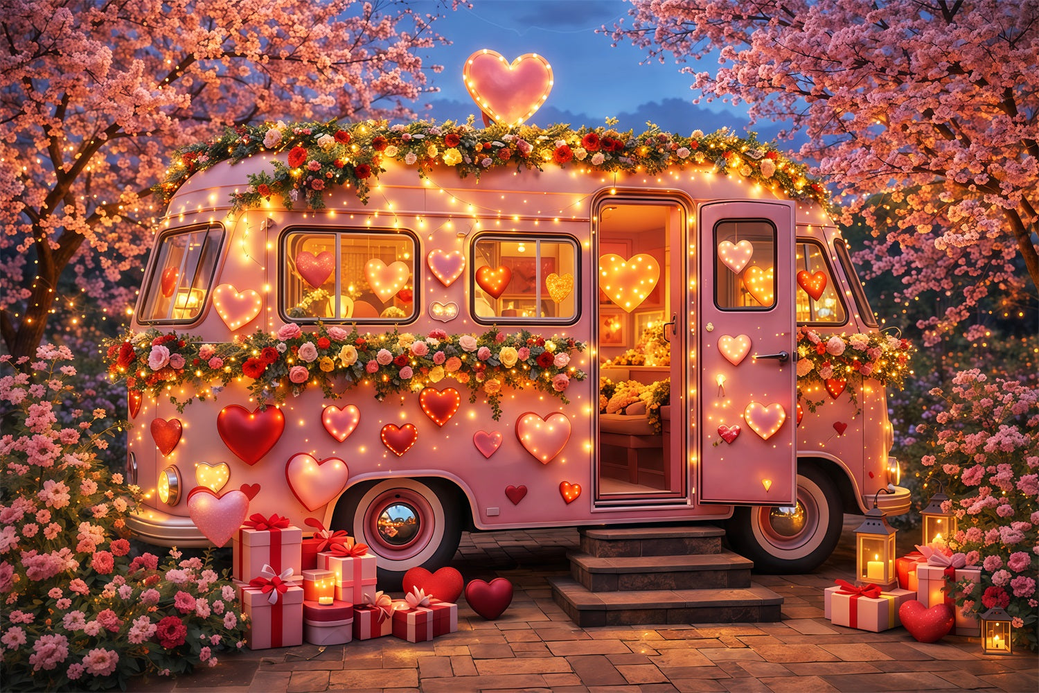 Pink Heart Backdrop Camper Blossom Neon Lights Romantic Backdrops LXX512-83
